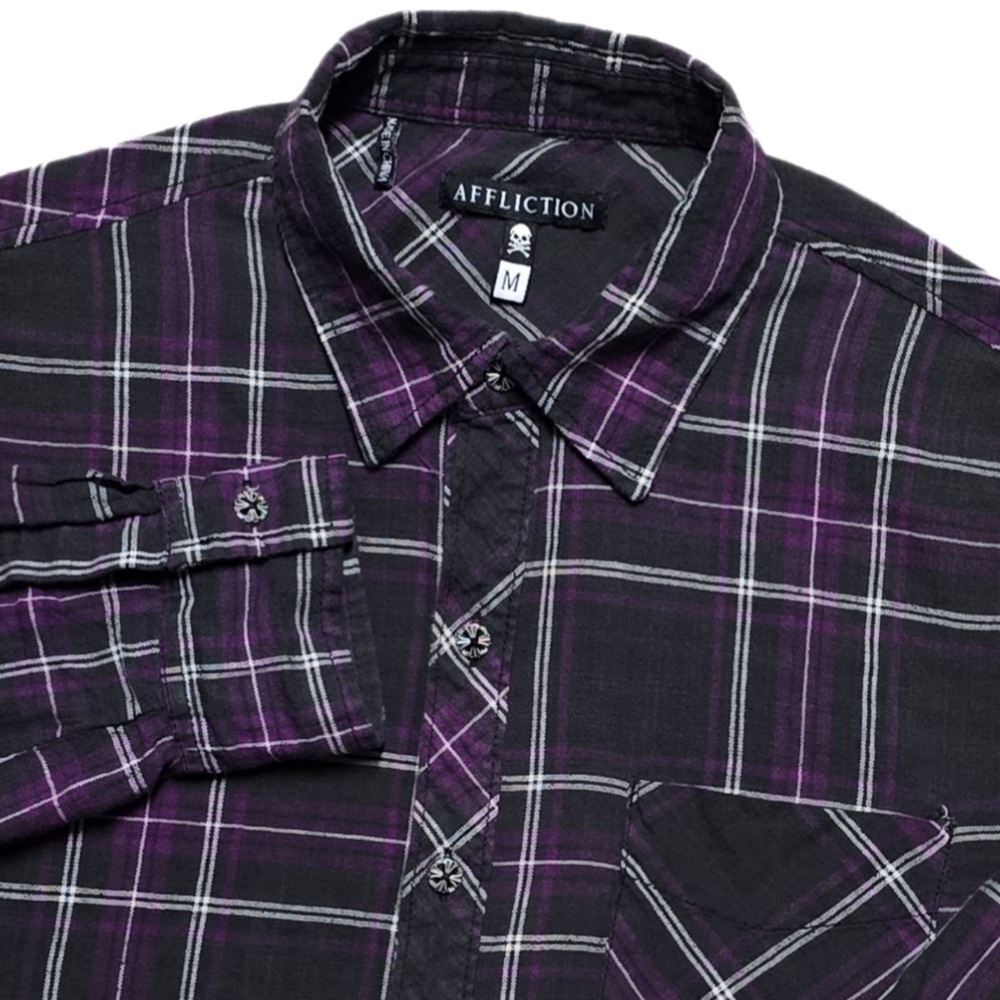 Affliction Mens Medium Flannel Button Up Shirt Long Sleeve Black Purple Metal